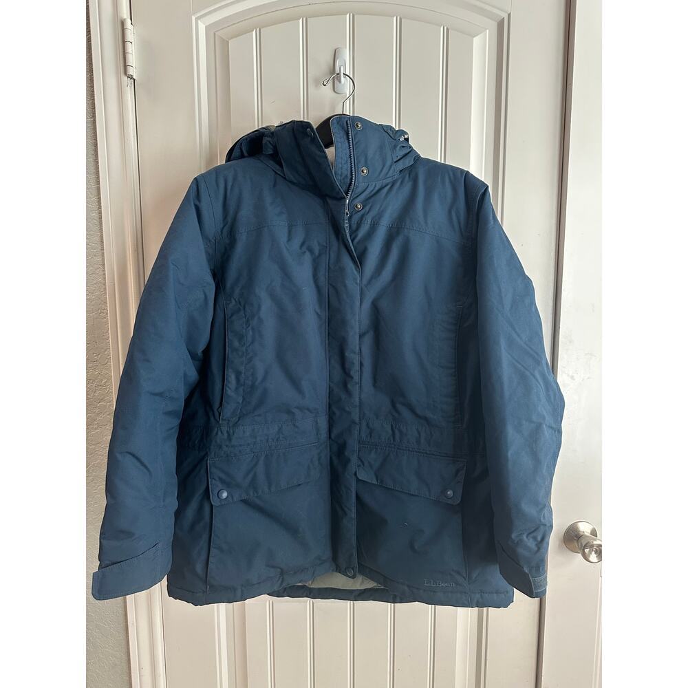 LL Bean Women Goose Down Winter Coat Jacket 1X Blue Snow Ski VTG Travel Warm